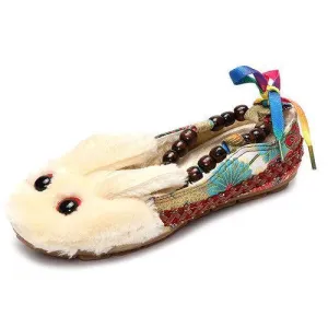 Big Size Colorful Bunny Rabit Cute Beaded Lace Up Vintage Canton Flat Shoes