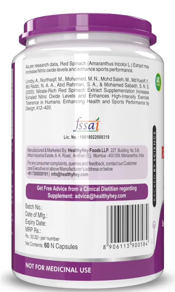HealthyHey Nutrition Natural Pre-Workout Red Spinach Extract - Oxystrom - High in nitrate 60 capsules