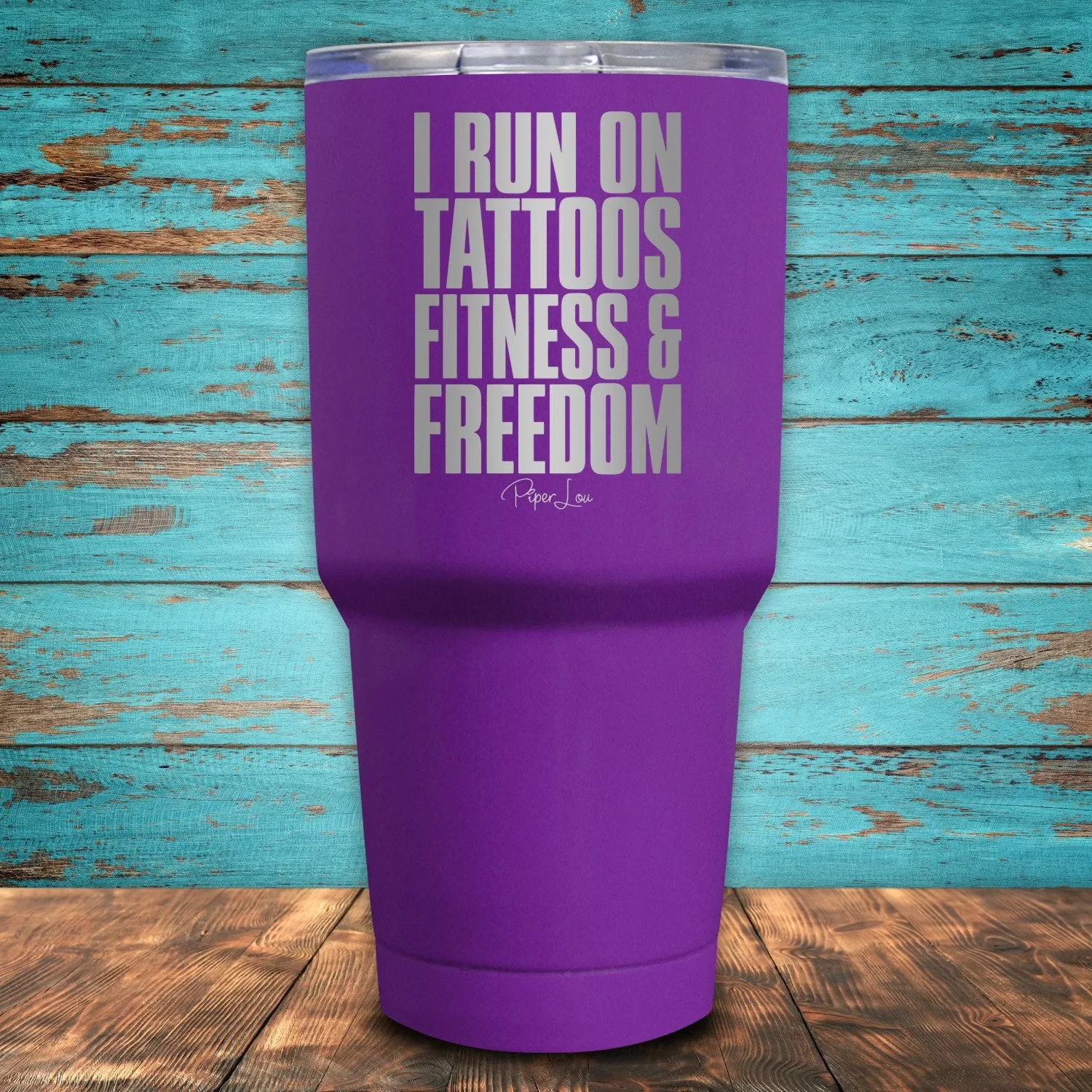 I Run On Tattoos Fitness & Freedom Coated Drinkware