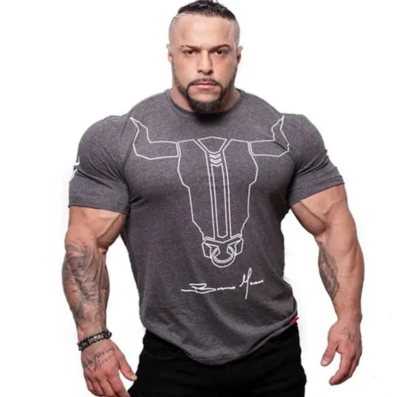 Men Gym Fitness Bodybuilding Skinny T-shirt Summer Casual Fashion Print Male Cotton Tee Shirt Tops Crossfit Clothing