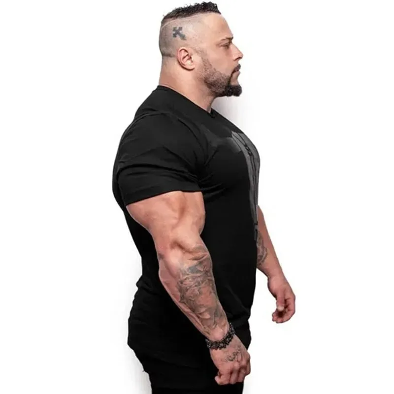 Men Gym Fitness Bodybuilding Skinny T-shirt Summer Casual Fashion Print Male Cotton Tee Shirt Tops Crossfit Clothing