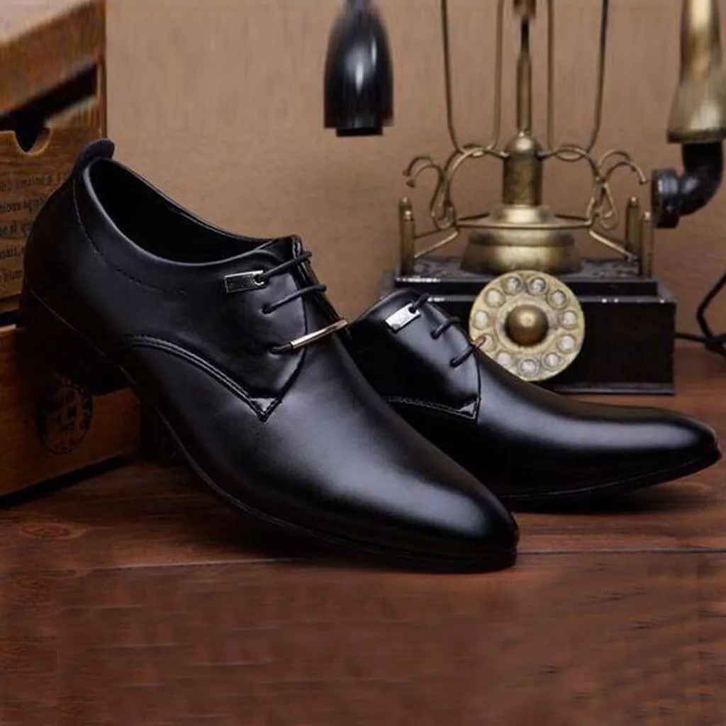 Men Leather Shoes Fashion Business Flats Lace Up Pointed Toe Oxford Shoes