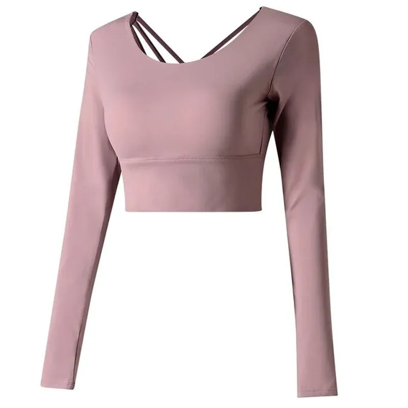Yoga Shirts Workout Open Back Top Long Sleeve Crop Top Women Spring Autumn Gym Cross Back Sports Shirt Short Sleeve Summer