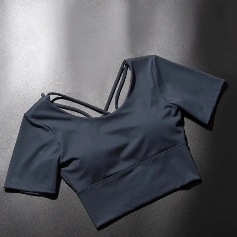 Yoga Shirts Workout Open Back Top Long Sleeve Crop Top Women Spring Autumn Gym Cross Back Sports Shirt Short Sleeve Summer