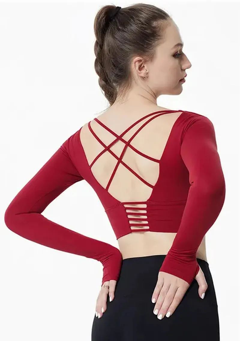 Yoga Shirts Workout Open Back Top Long Sleeve Crop Top Women Spring Autumn Gym Cross Back Sports Shirt Short Sleeve Summer