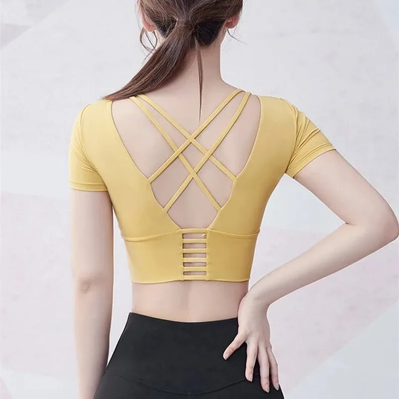 Yoga Shirts Workout Open Back Top Long Sleeve Crop Top Women Spring Autumn Gym Cross Back Sports Shirt Short Sleeve Summer